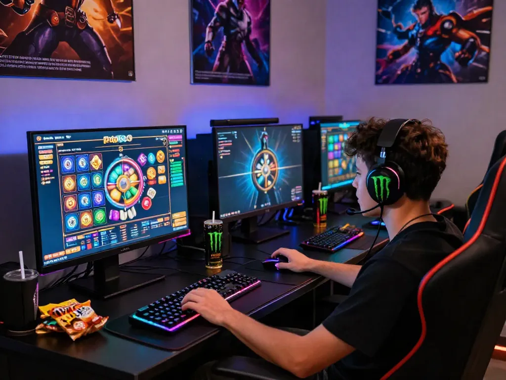 Player enjoying the psgslot game in a vibrant gaming setup with dynamic graphics and RGB lighting.