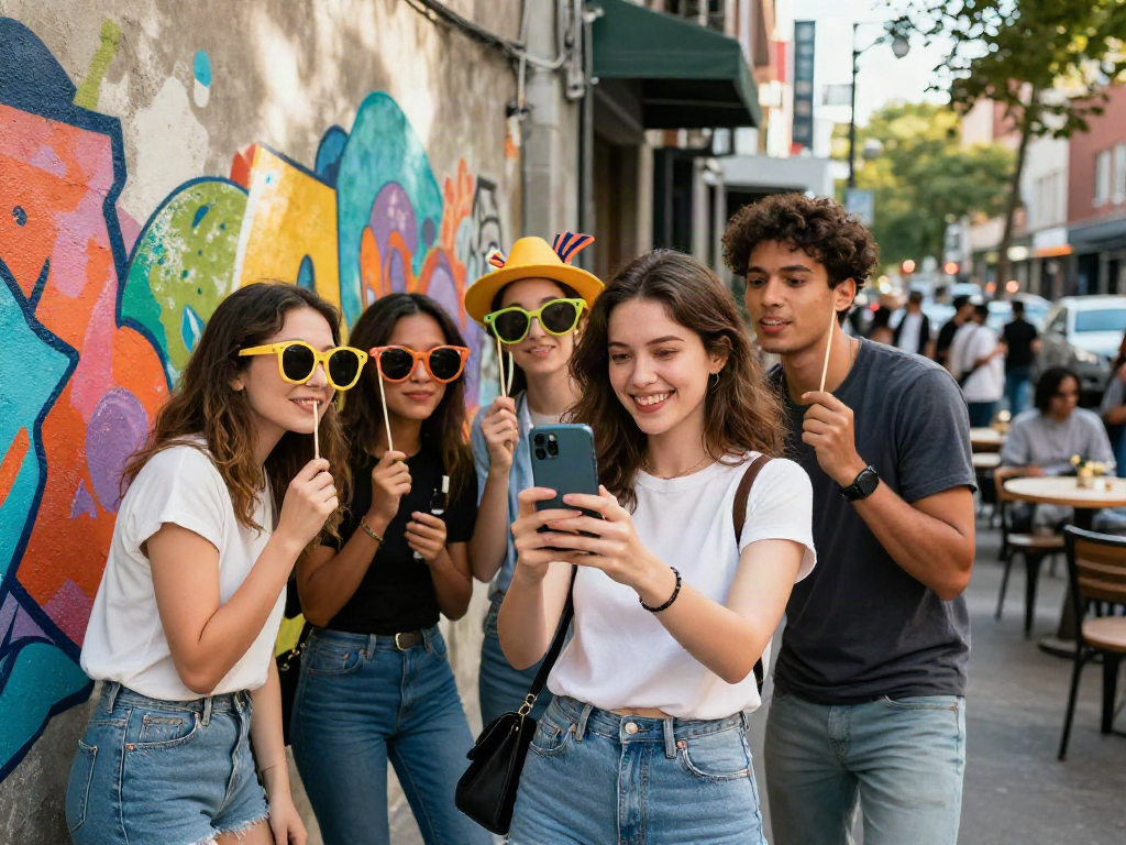 Young woman taking an attractive test on her smartphone with friends in an urban environment.