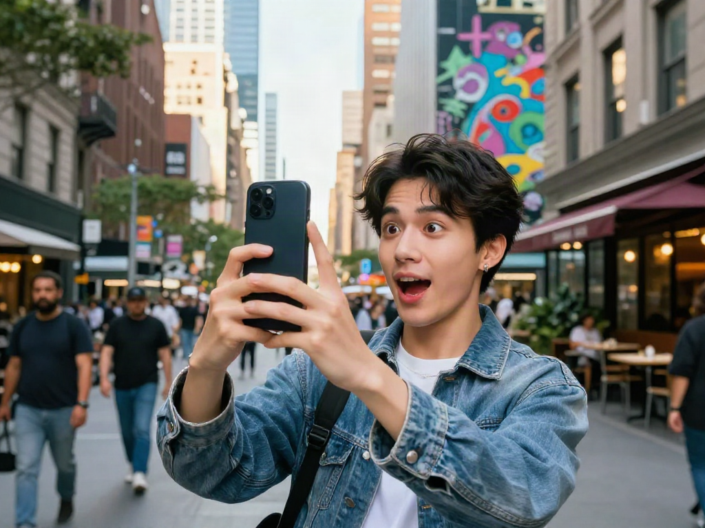 Person discovering celebs i look like through a smartphone in a vibrant urban setting.