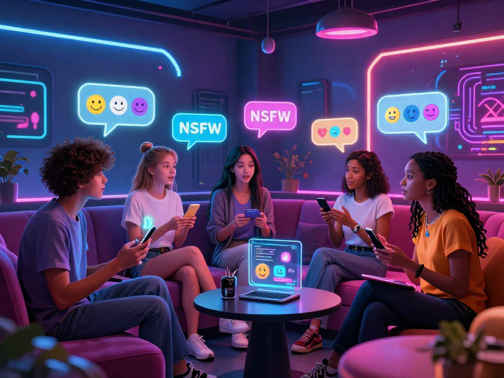 Interactive AI chat NSFW scene with diverse avatars in vibrant neon environment