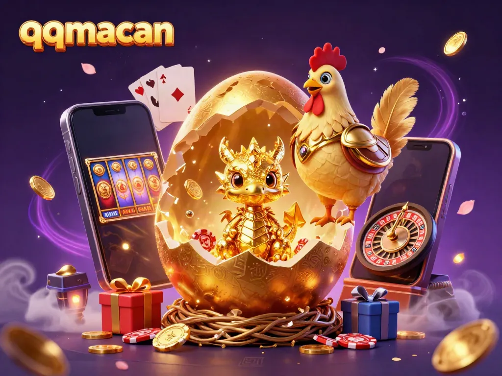 Join the qqmacan adventure as a golden dragon emerges from a poker chip nest in a vibrant casino setting.