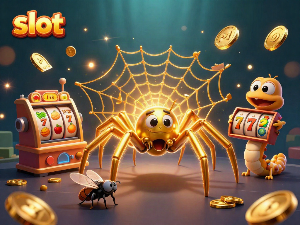 Engage in thrilling slot adventures with a golden spider and vibrant gaming elements.