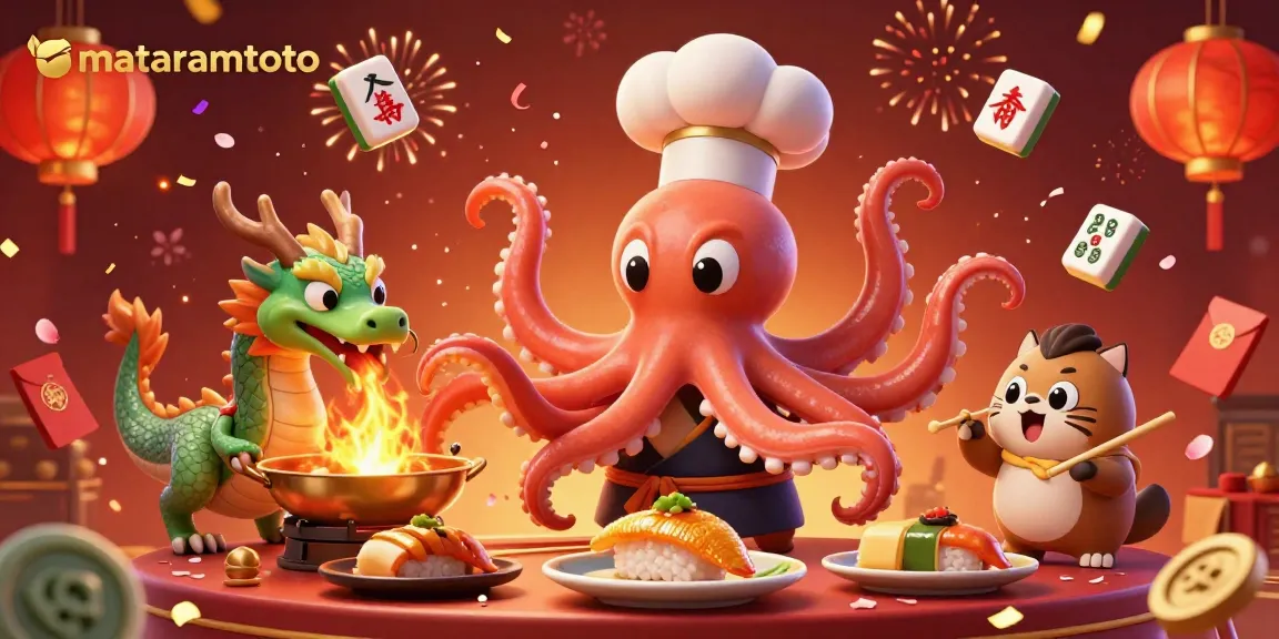 Experience the thrill of gaming with Mataramtoto, featuring vibrant 3D characters in a festive casino scene.
