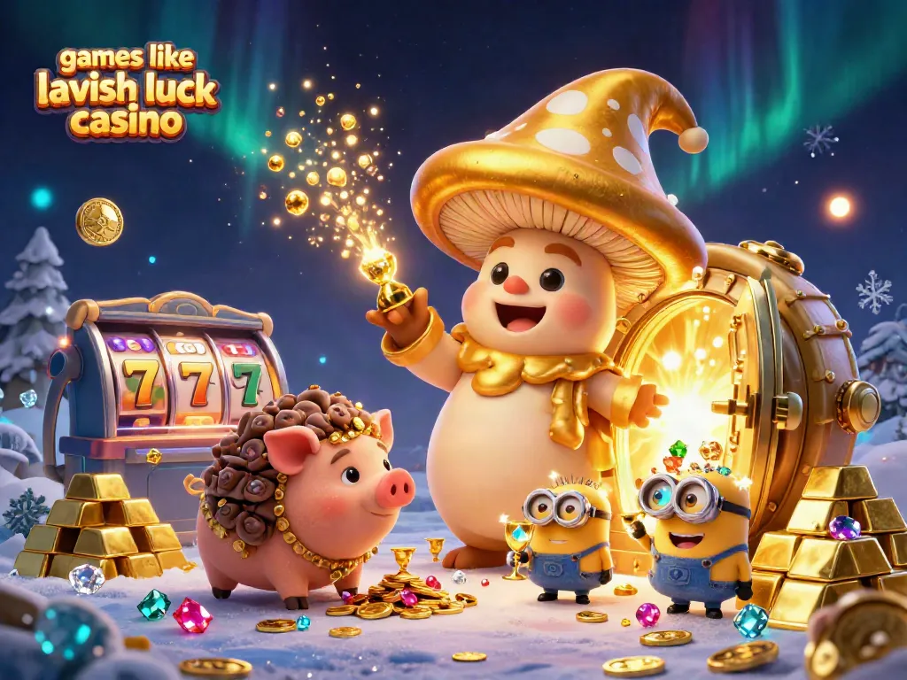 Play exciting games like lavish luck casino with this vibrant 3D casino scene featuring treasures and slot elements.