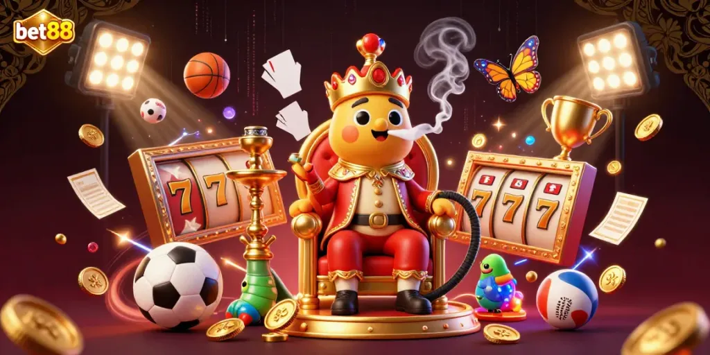 Experience the excitement of bet88 with a vibrant 3D casino-themed illustration featuring a caterpillar hookah-master.