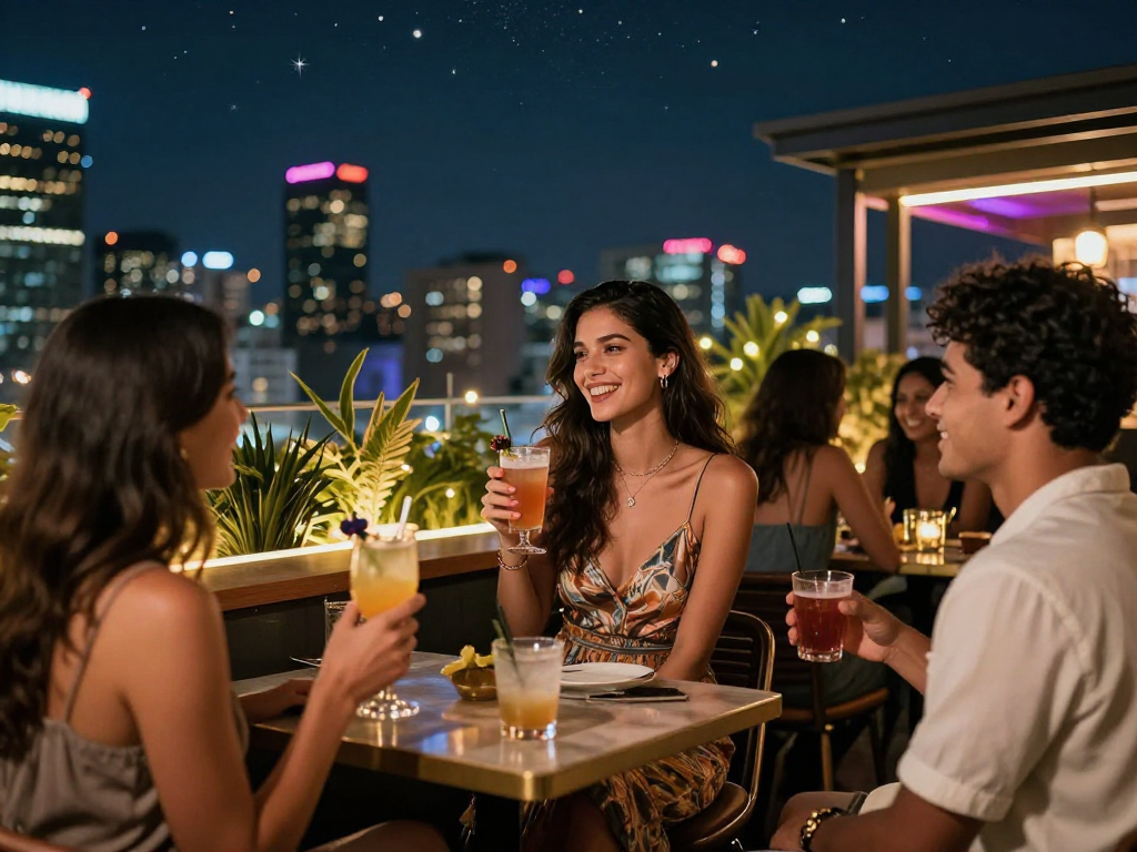 Gái gọi tận hưởng không khí vui vẻ tại quán bar rooftop với bạn bè.