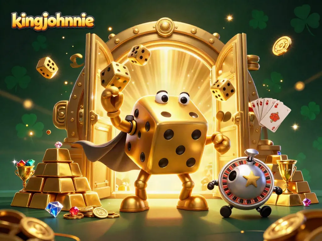 Engage with kingjohnnie's vibrant 3D casino scene, showcasing golden dice and treasure.