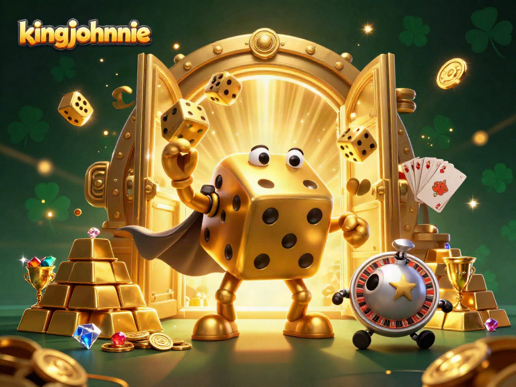 Engage with kingjohnnie's vibrant 3D casino scene, showcasing golden dice and treasure.