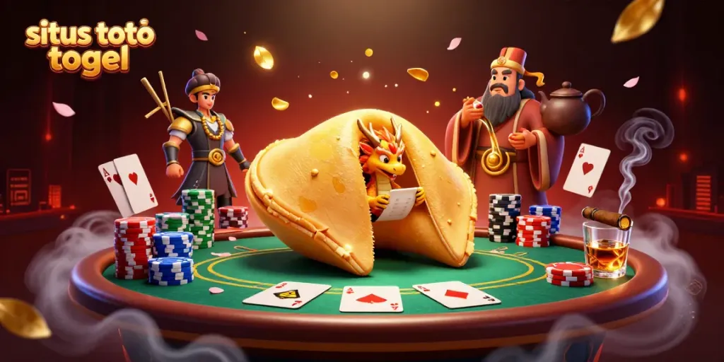 Engage with situs toto togel through a dynamic 3D illustration of a golden fortune cookie and gaming elements.
