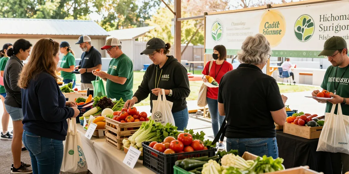 Community gathering at springshall.org for local food distribution, showcasing diverse volunteers and fresh produce.