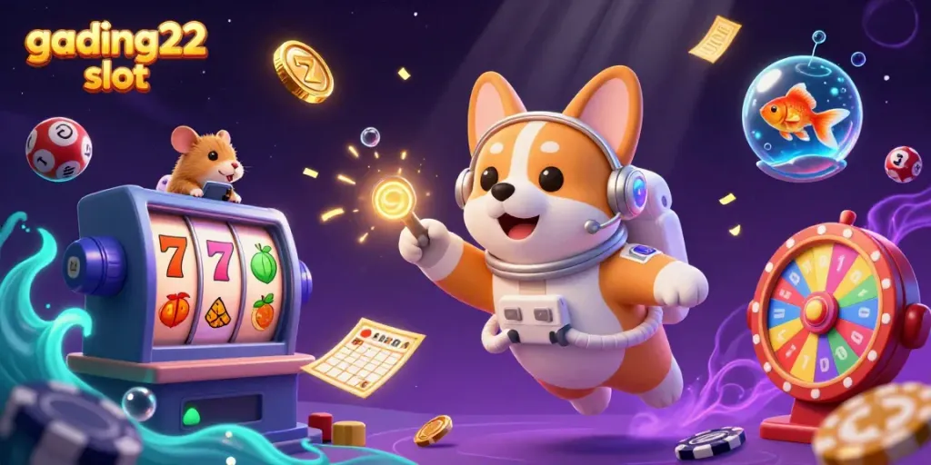 Experience gading22 slot with a vibrant casino scene featuring a cartoon astronaut corgi in zero gravity.