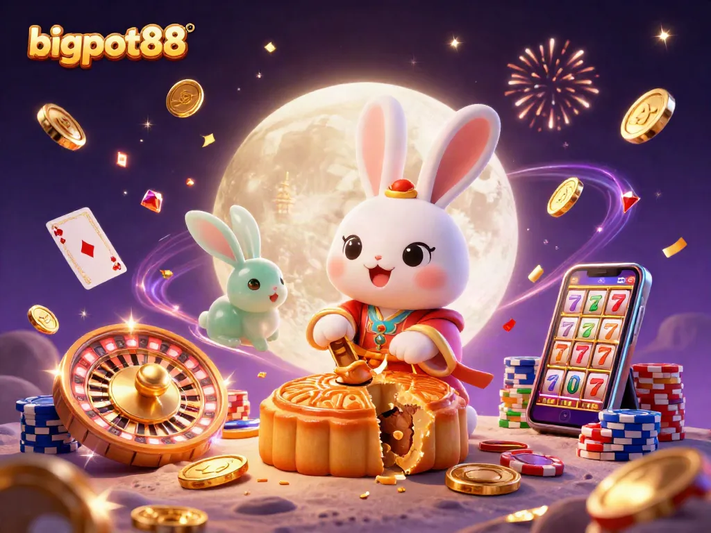 bigpot88 menghadirkan ilustrasi kasino dengan kelinci bulan yang memukul kue bulan emas dan slot mesin penuh keberuntungan