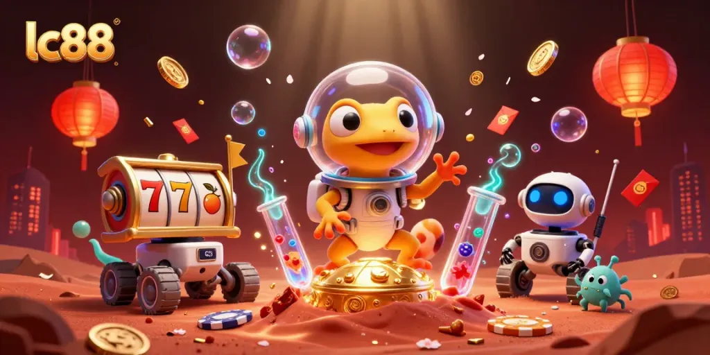 Experience exciting gameplay at lc88 casino with vibrant slot machines and energetic Mars-themed illustration.