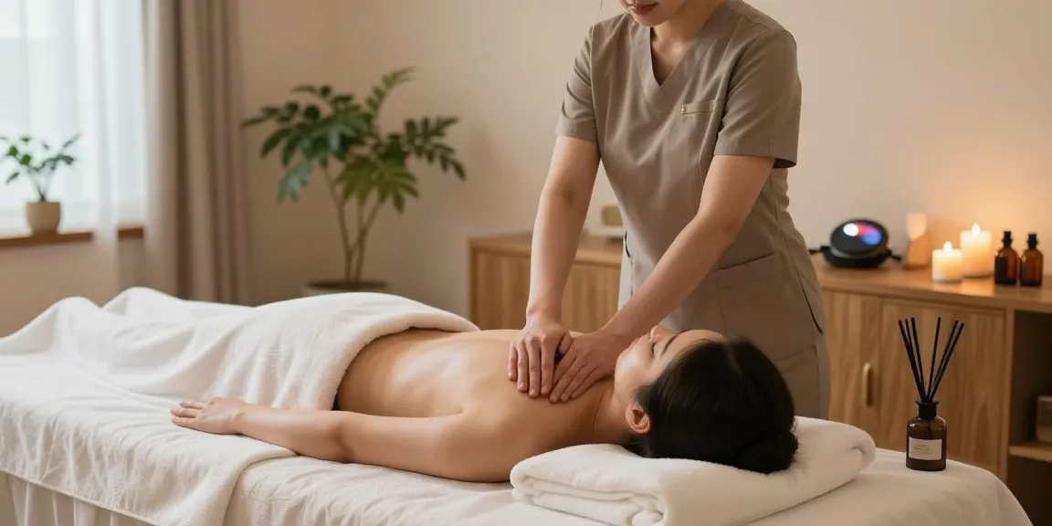 Relaxing massage therapy session promoting 영등포출장안마 services in a serene spa setting with calming decor.