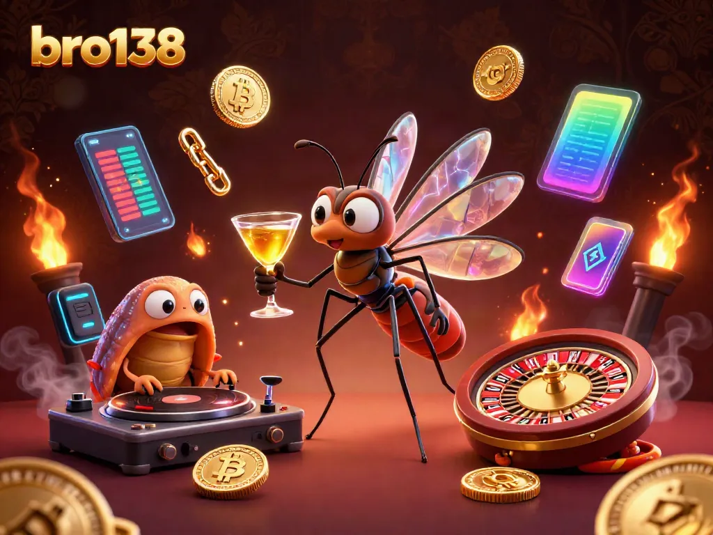 Experience the vibrant and animated world of bro138 with unique casino mascots and digital gaming elements.