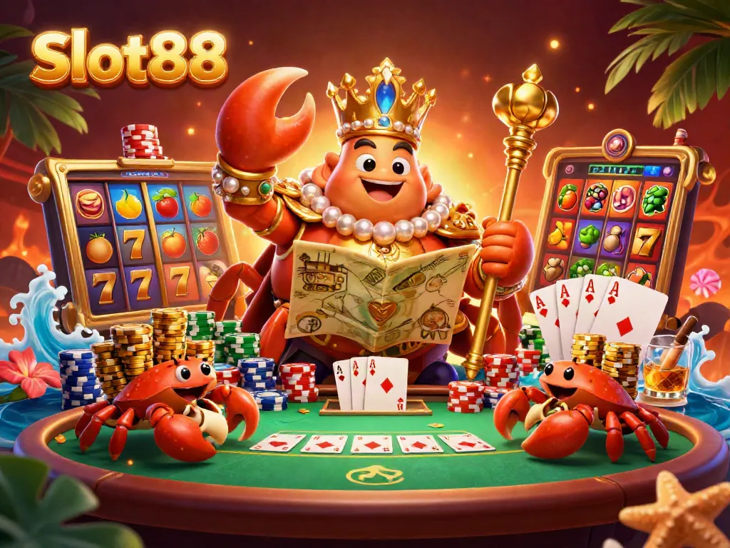Engage with Slot88 and uncover treasures in this vibrant 3D casino scene showcasing a golden crab emperor.