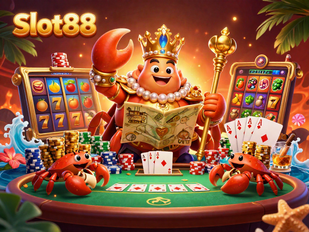 Engage with Slot88 and uncover treasures in this vibrant 3D casino scene showcasing a golden crab emperor.