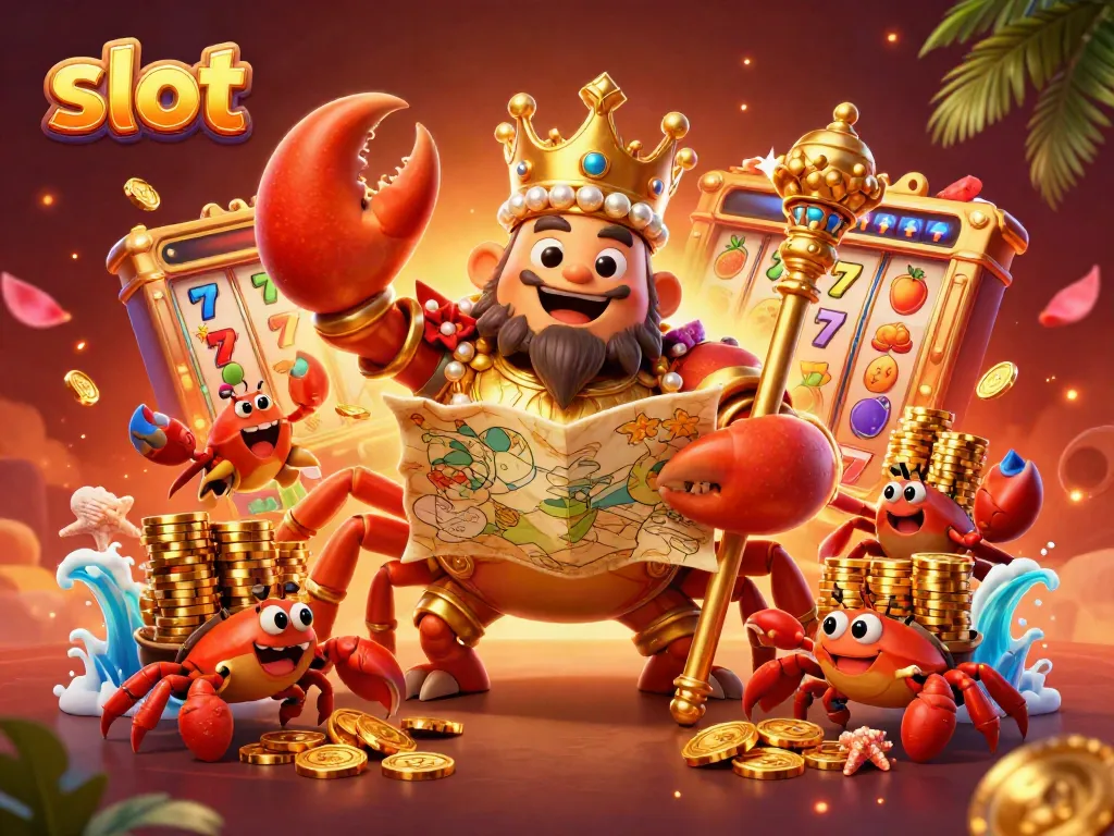 Engage in thrilling slot gameplay with a vibrant scene featuring a regal golden crab emperor amidst slot reels and treasure.