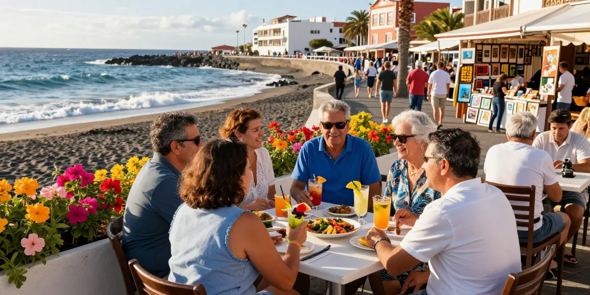 Tenerife Forum community sharing local insights at a beachfront café in vibrant atmosphere.