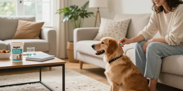 Calming Dog Treats help promote relaxation for pets through natural ingredients in a cozy living room setting.