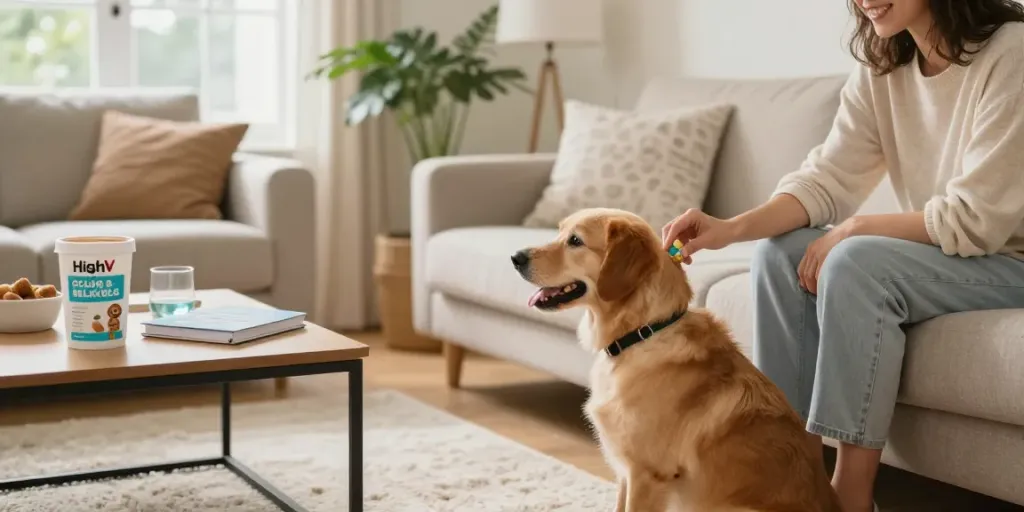 Calming Dog Treats help promote relaxation for pets through natural ingredients in a cozy living room setting.