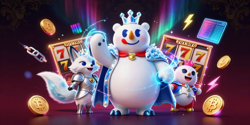 Engage in exciting jackpots and slots at E39 with 3D characters amidst vibrant casino elements.