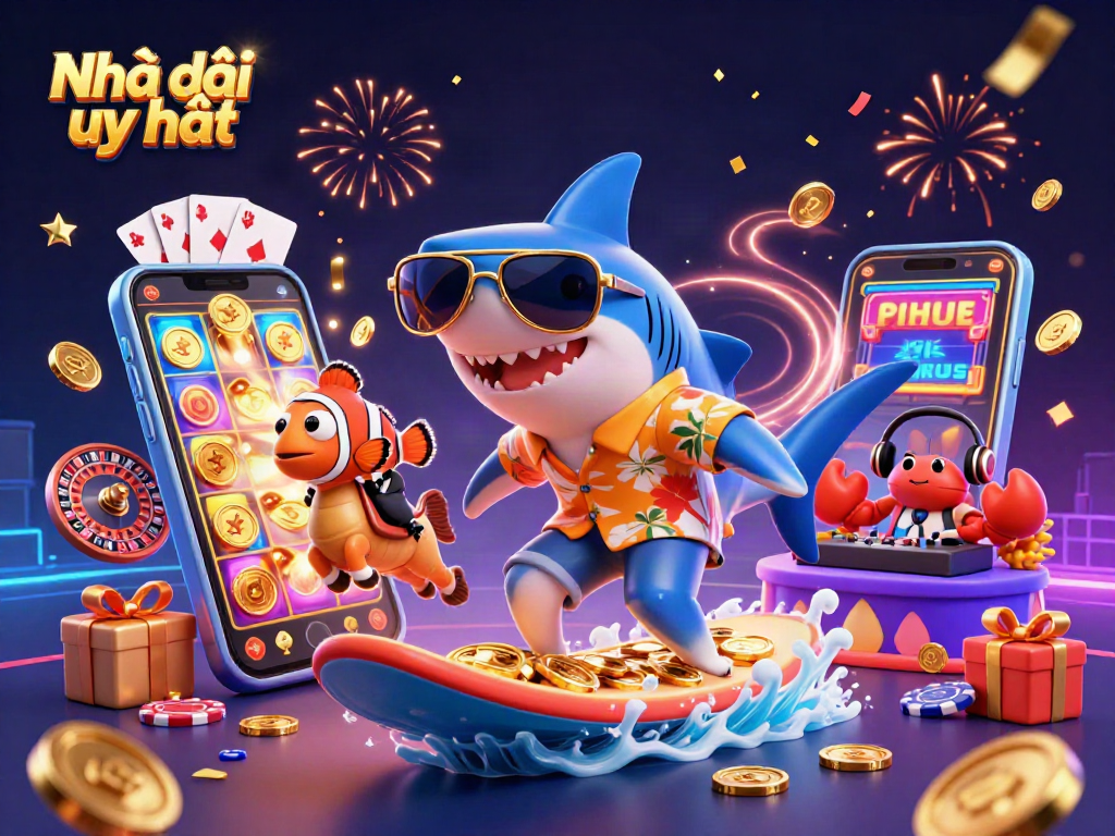 Experience the excitement of Nhà cái uy tín with vibrant 3D casino characters and festive elements.