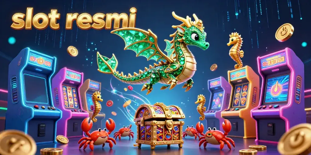 Engage in thrilling gameplay with slot resmi showcasing a vibrant sea dragon, arcade machines, and jackpot icons.