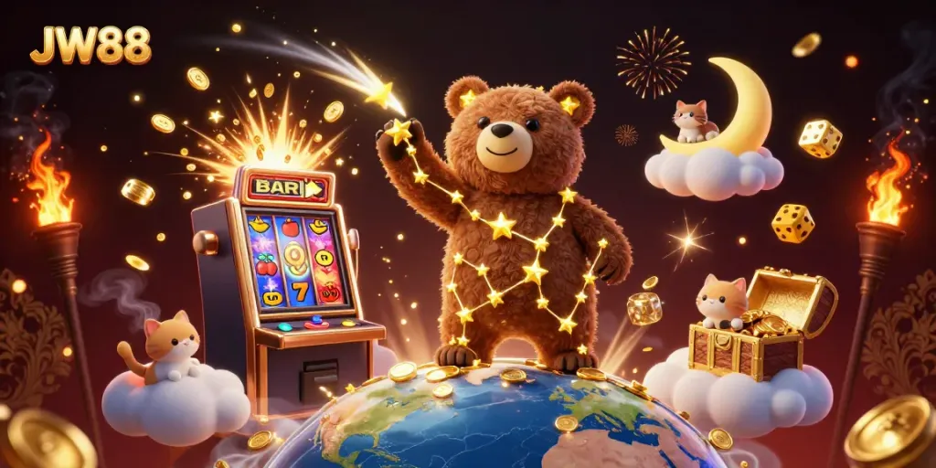 Experience the vibrant adventure of JW88 with a constellation bear scooping coins amid a dazzling jackpot scene.