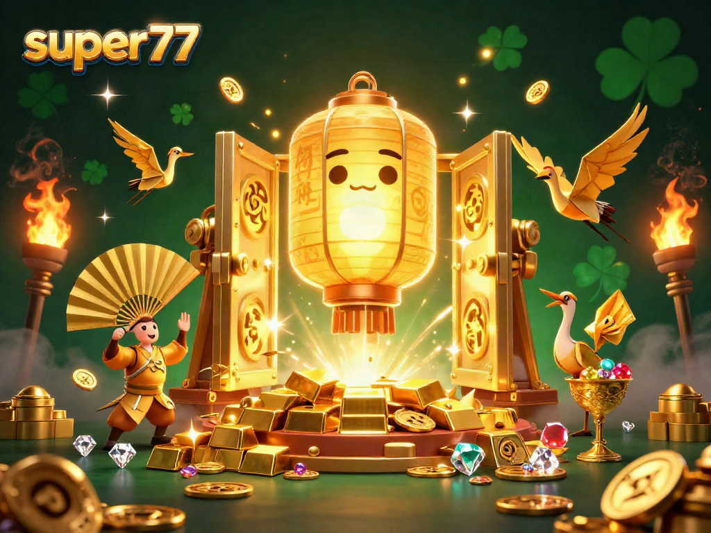 Experience the thrill of super77 with a vibrant casino scene featuring a golden lantern spirit and dazzling treasures.