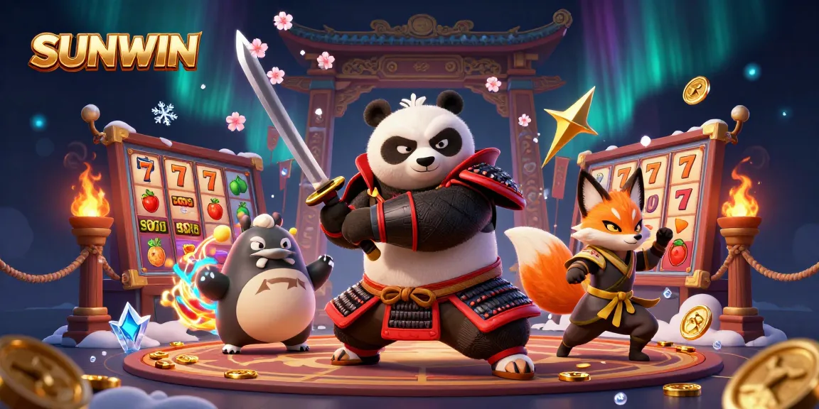 Play slots at SUNWIN with a dynamic scene featuring samurai panda, ninja fox, and magical tanuki.