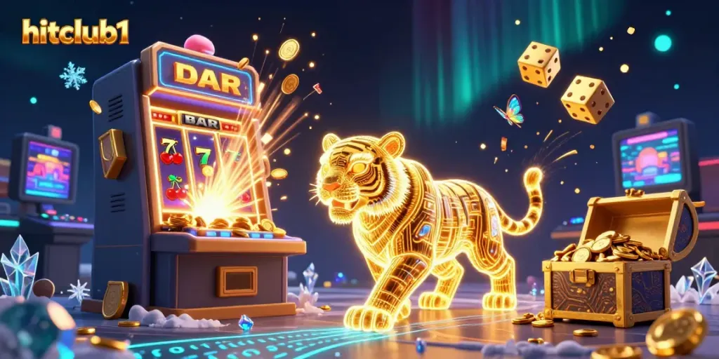 Experience the vibrant universe of hitclub1, featuring a neon tiger amidst an exploding slot machine in a dazzling digital casino.