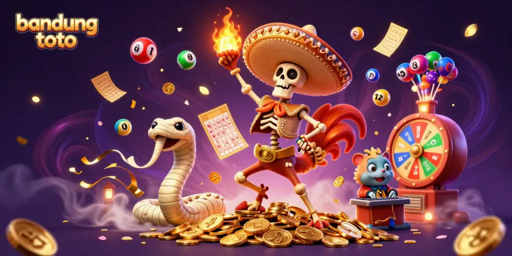 Experience the excitement of bandung toto with vibrant lottery characters and elements in a lively casino atmosphere.