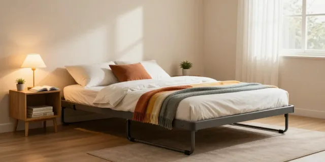 A modern folding bed in a cozy guest room decorated with pillows and plush bedding, capturing comfort and style.