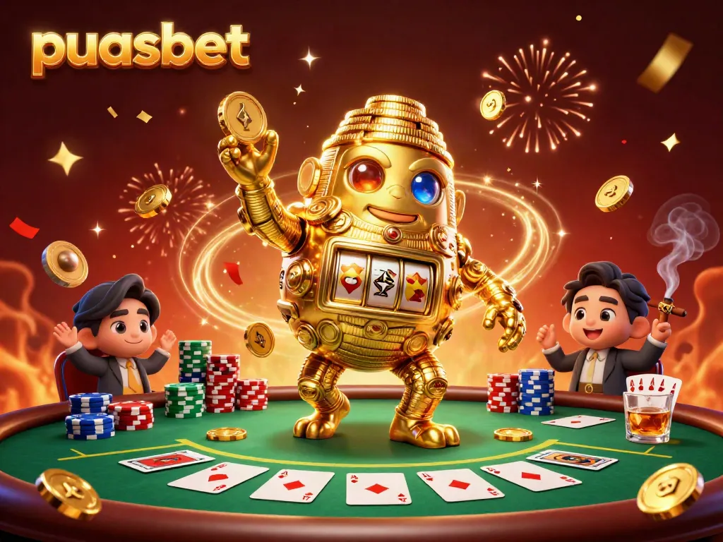 Mainkan permainan menarik di puasbet dengan golem emas dan meja poker penuh chip.