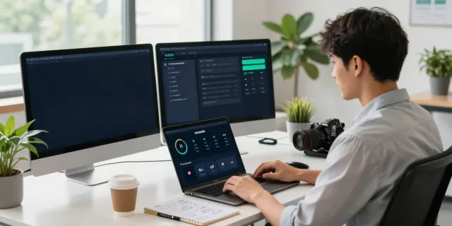 Professional using 快连 for secure network acceleration in a modern office.
