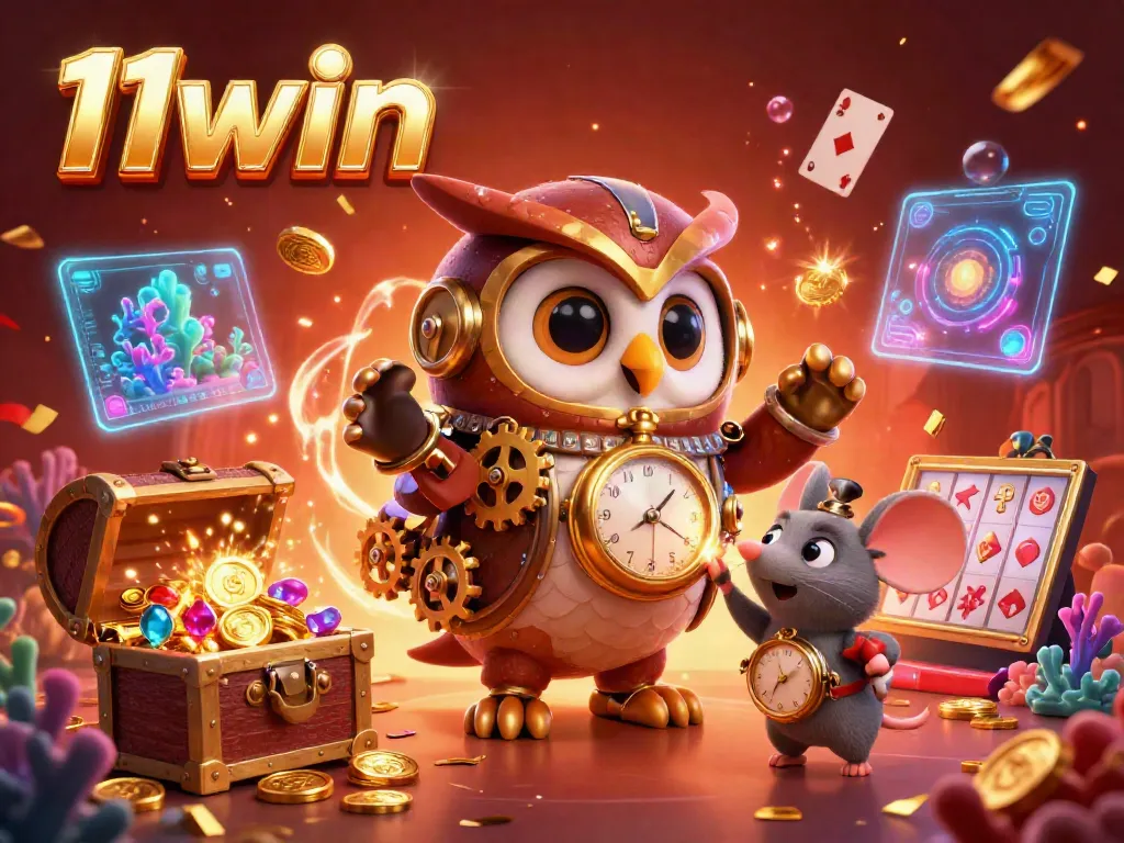 Experience thrilling gameplay with 11win as a time-traveling owl and friends explore a vibrant casino world.