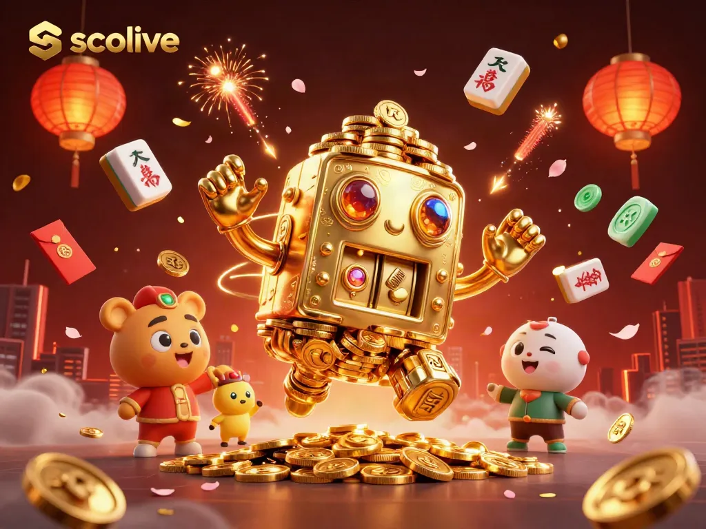 Socolive promotes exciting gameplay with a golden golem, rich mahjong tiles, and floating tokens.