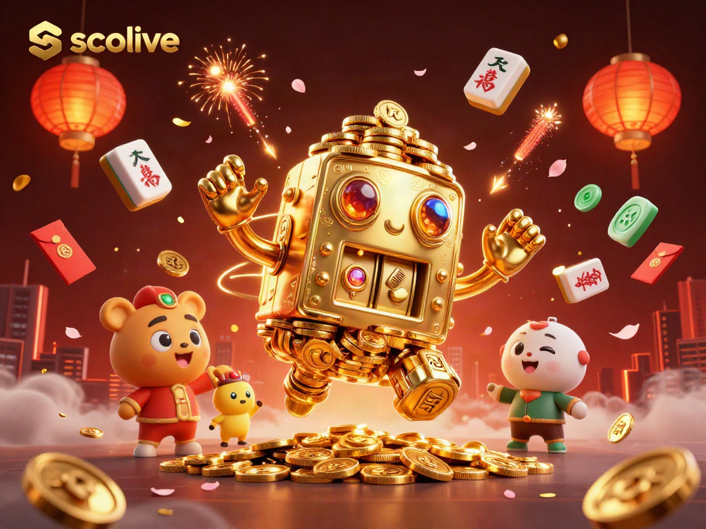 Socolive promotes exciting gameplay with a golden golem, rich mahjong tiles, and floating tokens.