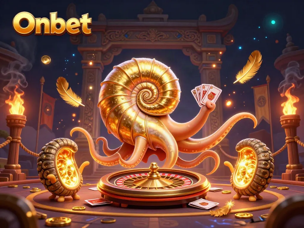 Experience Onbet's dazzling gaming action with a golden roulette-inspired nautilus and glowing ammonite companions.