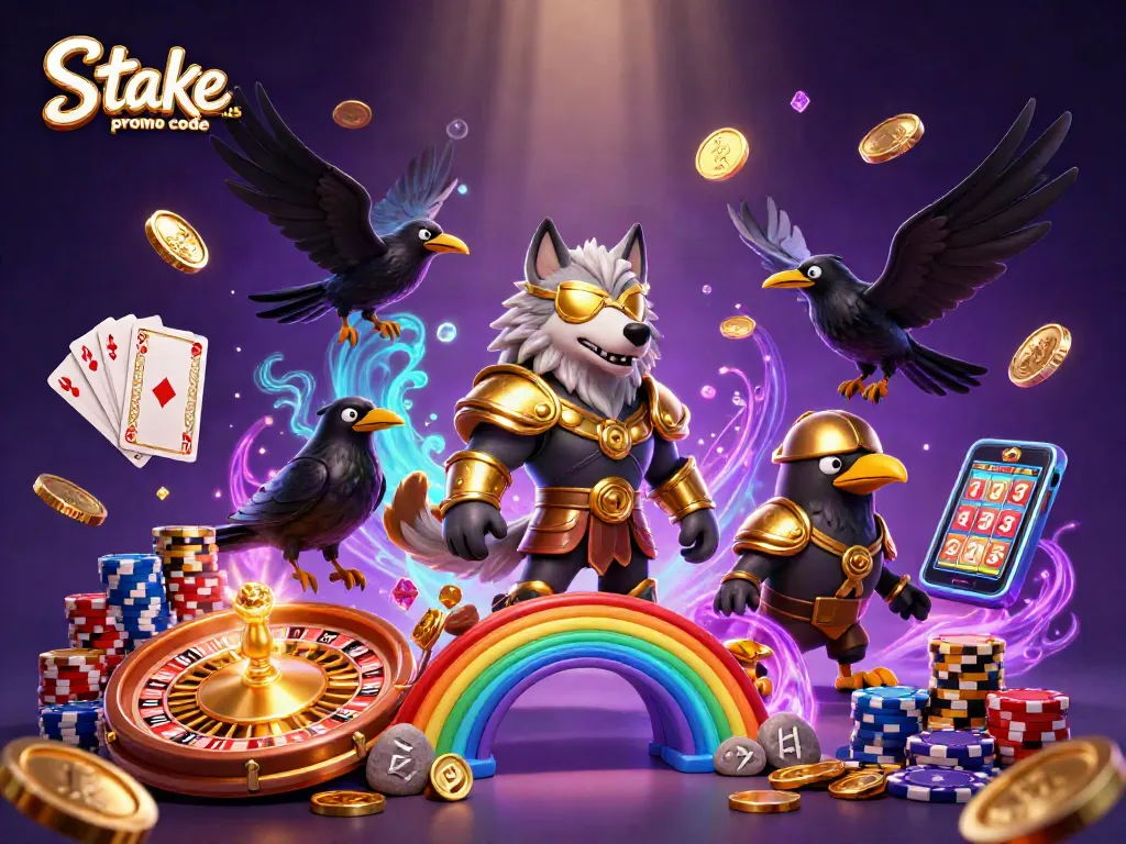 Activate winning strategies with stake.us promo code featuring vibrant casino-themed illustration.