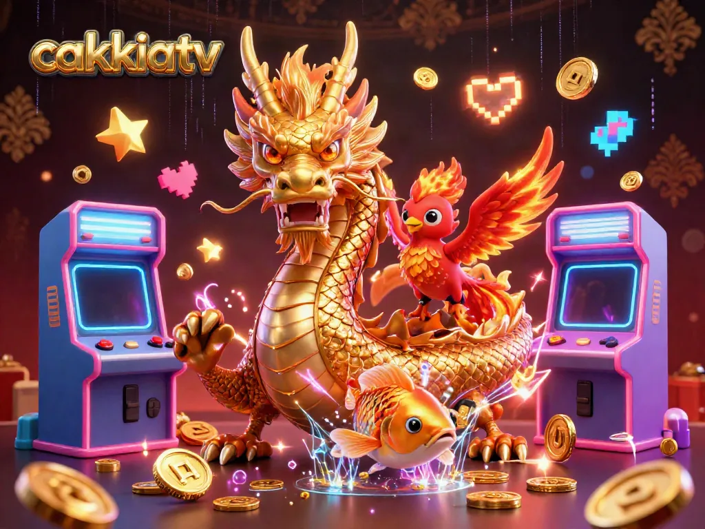 Cakhiatv showcases an exciting 3D scene of a golden dragon, phoenix, and koi fish amidst vibrant casino elements.