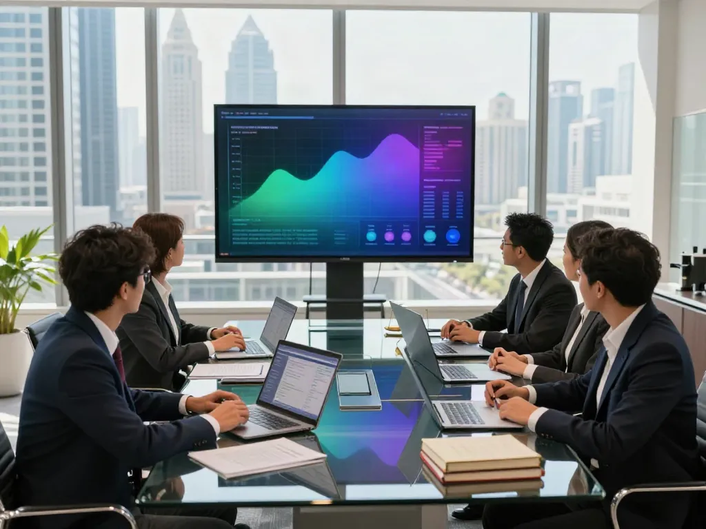 Banking and finance lawyers in Dubai collaborating over documents in a modern office.