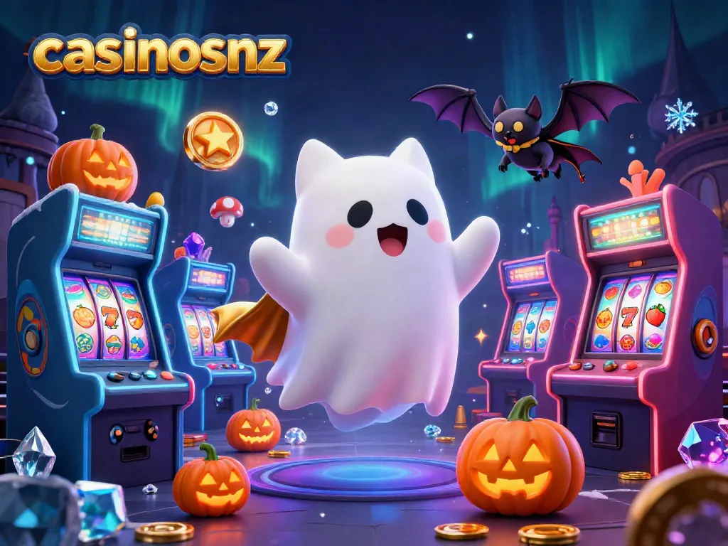 Engage with casinosnz in a vibrant haunted casino realm surrounded by gaming elements.