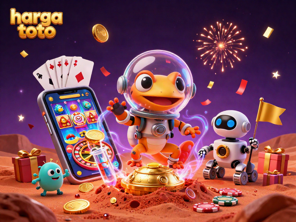 Experience the thrill of harga toto as the Martian gecko celebrates a jackpot in a vibrant casino scene.