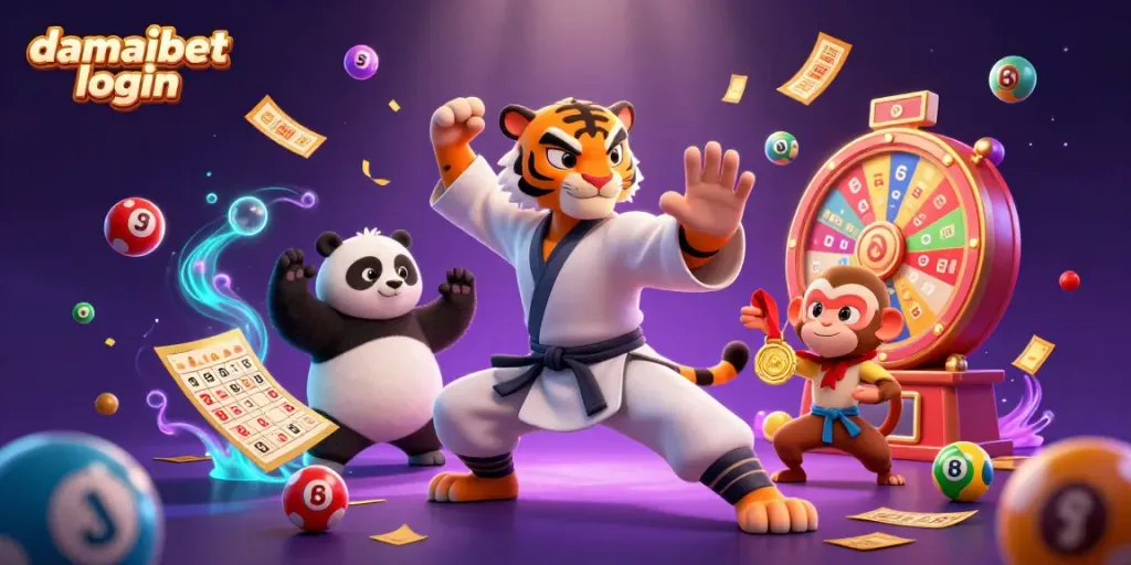 Engage with damaibet login features in vibrant casino illustrated scene with characters and gaming elements.