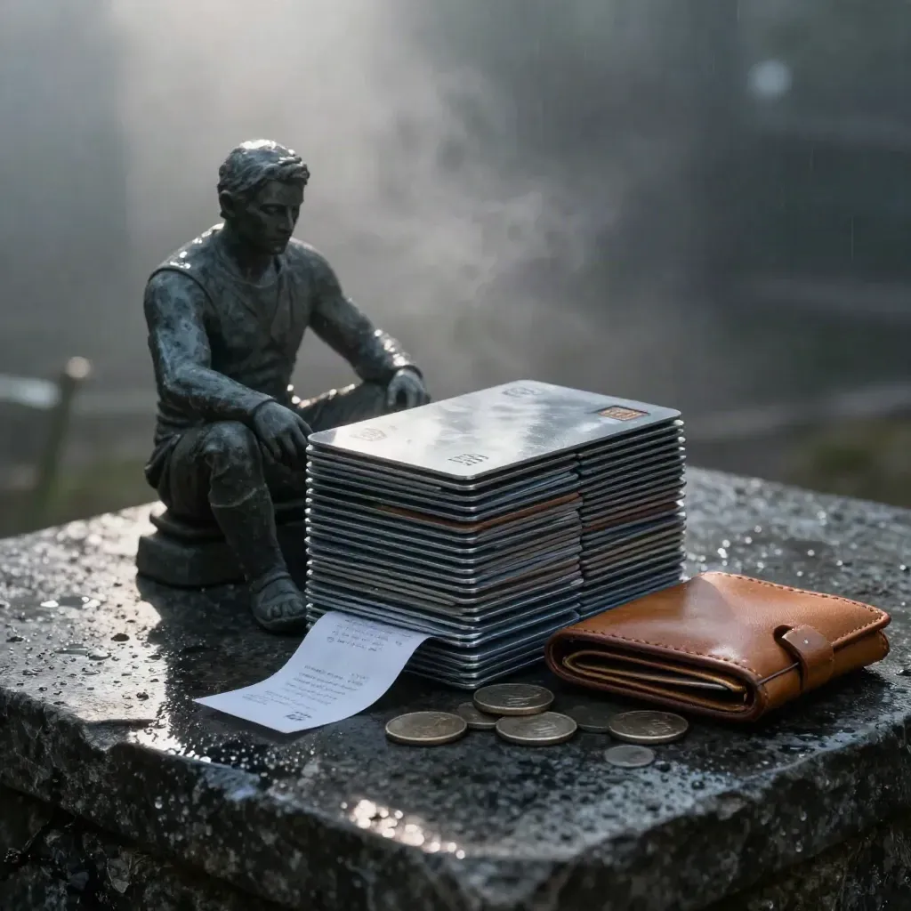 Brushed-metal payment cards and wallet on wet stone in moody dawn light.