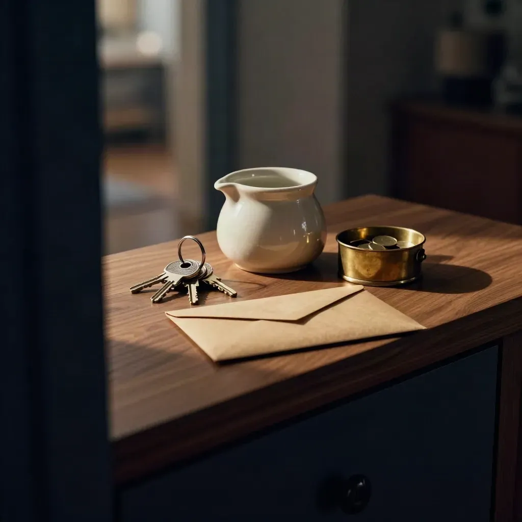 Apartment keys, ceramic catchall, brass coin cup and folded envelope on a walnut hallway console.