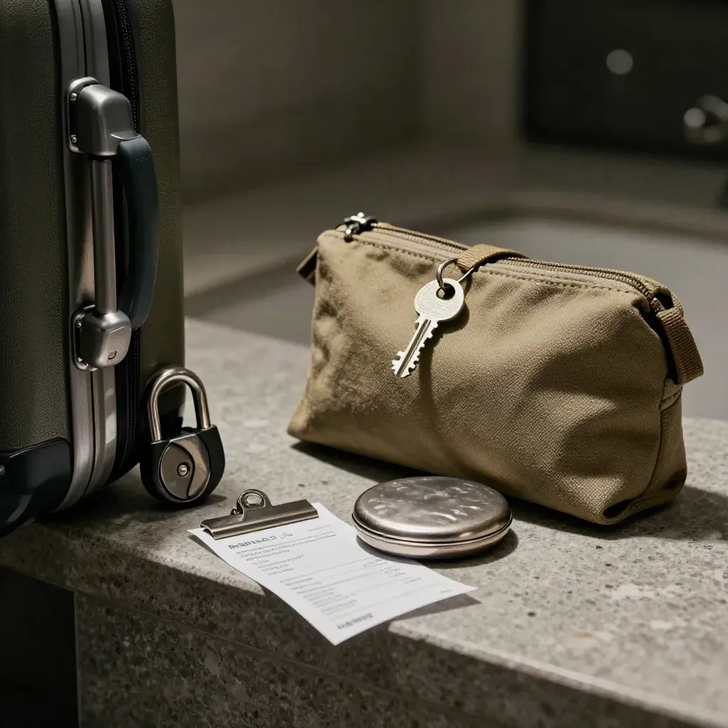 Travel lock, canvas pouch, coin case, and receipt clip on stone in dim haze