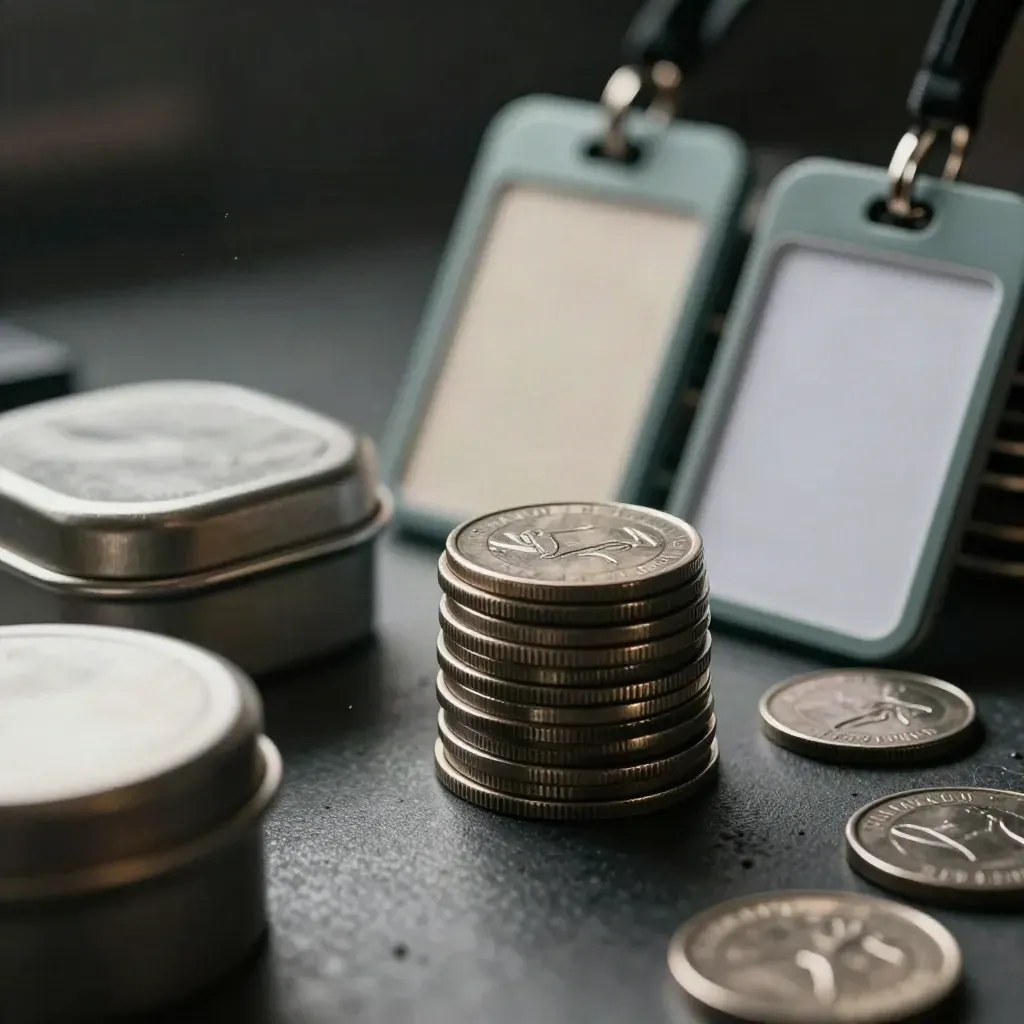Macro still life of badge holders, key fobs, receipt tin and metal tokens on graphite metal.